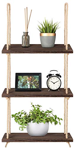 Mkono Hanging Shelves 3 Tier Rustic Wood Floating Wall Shelves Photo Plant Display Hanging Storage Shelf Home Decor for College Dorm Room Decor Bathroom Living Room Bedroom Apartment - color: Brown
