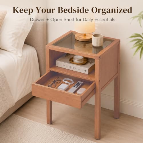Bamboo Nightstand Small Bedside Tables with Drawer, Tea | Tempered Glass Top, Open Shelf, Mid Century Modern Night Stand for Bedroom, Living Room, Apartment, Small Space - color: Tea Color Glass