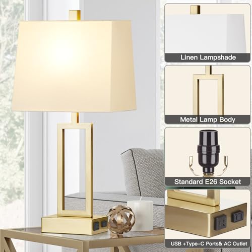 Rinweey 23.5" Touch Control Table Lamps Set of 2, Modern Gold Bedside Lamps with USB A+C Ports & AC Outlet, 3 Way Dimmable Contemporary Nightstand Lamps for Bedroom Living Room(2 LED Bulb Included) - color: Gold