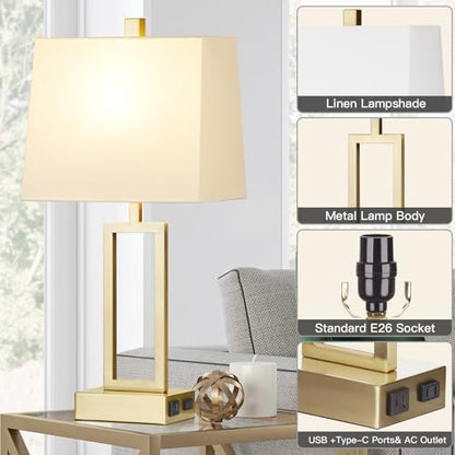 Rinweey 23.5" Touch Control Table Lamps Set of 2, Modern Gold Bedside Lamps with USB A+C Ports & AC Outlet, 3 Way Dimmable Contemporary Nightstand Lamps for Bedroom Living Room(2 LED Bulb Included) - color: Gold