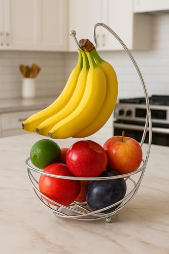 BNYD Chrome Fruit Bowl with Banana Holder – 14" Countertop Wire Basket with Banana Hook, Modern Fruit Basket with Banana Tree Hanger for Kitchen Table or Island Storage