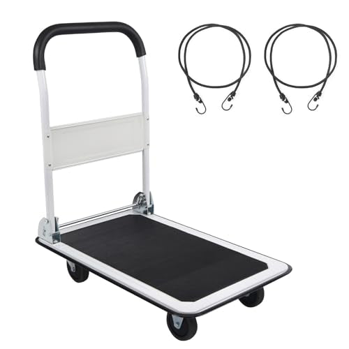 LEADALLWAY Foldable Push Cart Platform Cart 330lbs Capacity with 2 Ropes | 4 Wheels, 28.7"x18.5"x32.3", Small Flatbed Cart, Protable, White - color: White