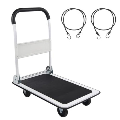 LEADALLWAY Foldable Push Cart Platform Cart 330lbs Capacity with 2 Ropes | 4 Wheels, 28.7"x18.5"x32.3", Small Flatbed Cart, Protable, White - color: White