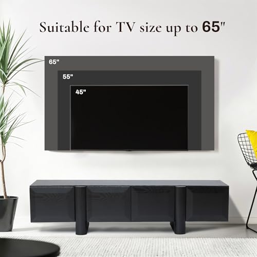LuxenHome 63" Black TV Stand for Living Room, Modern Media Console Cabinet | Fits for TVs up to 65", Low-Profile TV Entertainment Center with Storage, Geometric Door Fronts