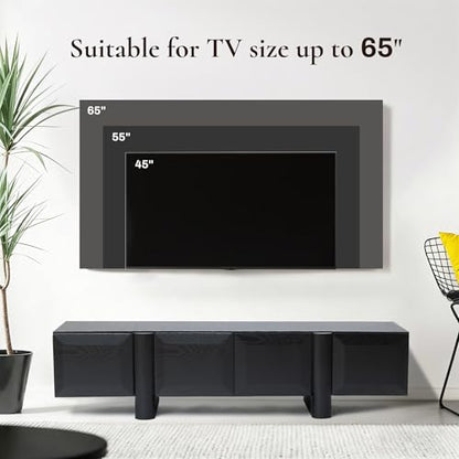 LuxenHome 63" Black TV Stand for Living Room, Modern Media Console Cabinet | Fits for TVs up to 65", Low-Profile TV Entertainment Center with Storage, Geometric Door Fronts