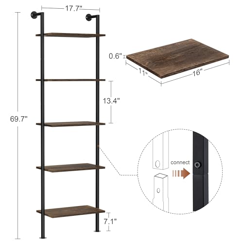 Acovy 5-Tier Bookshelf Solid Wood Ladder Shelf, Narrow Book Shelf Display Shelf, Wooden Bookcase, Wall Mount Ladder Shelf, Storage Rack for Living Room, Bedroom, Industrial Style, Dark Brown - color: Dark Brown