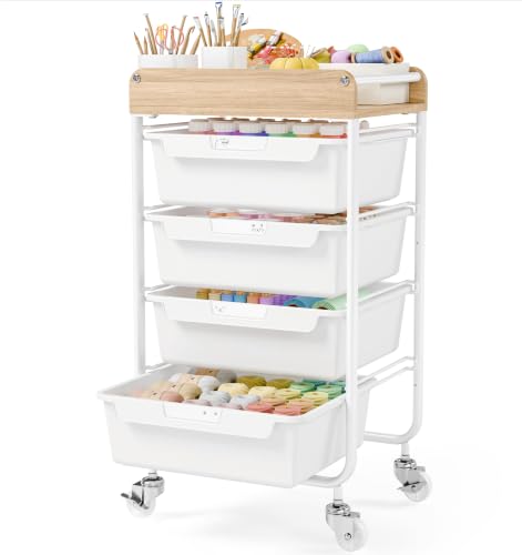 Rolling Craft Storage Cart with 4 Drawers,Utility Cart with Drawers,Art Craft Organizers and Storage,Kids Craft Cart,Kids Art Cart With DIY Lable and Wooden Tabletop Area,White - color: White, size: 4-Drawer