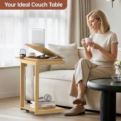 OtterOasis C Shaped End Table for Couch Rolling Side with Wheels Oak | Wood, Desk Tv Tables, with Folding Desktop, Lockable Wheel, with Hidden Storage, for Living Room, Bedroom - color: Oak