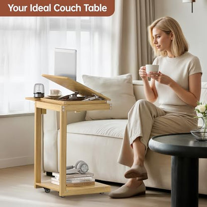 OtterOasis C Shaped End Table for Couch Rolling Side with Wheels Oak | Wood, Desk Tv Tables, with Folding Desktop, Lockable Wheel, with Hidden Storage, for Living Room, Bedroom - color: Oak