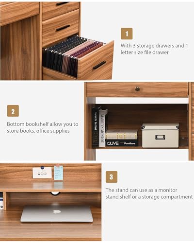 Computer Desk with 4 Drawers and Hutch, Home Office Desk with File Drawer, 44” Rustic Oak Wood Desk, Study Table for Bedroom, Rustic Oak - color: Rustic Oak