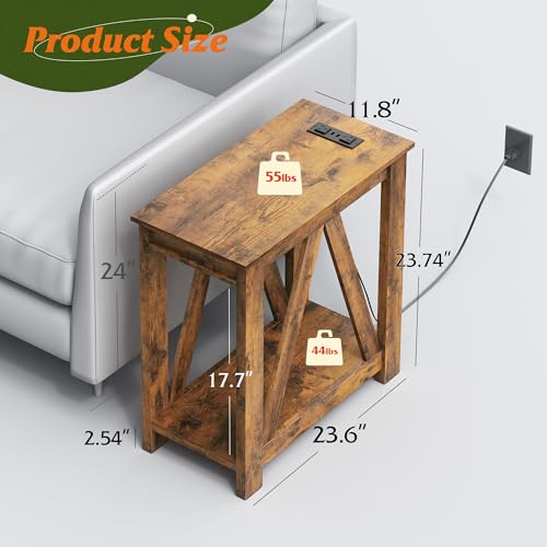 WLIVE Farmhouse End Table, Narrow Side Table with Charging Station, Slim End Table, Side Table for Bedroom, Living Room, Small Spaces, 2 USB and 2 Power Outlets, Rustic Brown - color: Rustic Brown