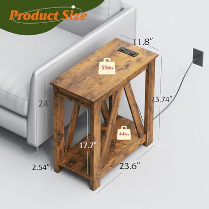 WLIVE Farmhouse End Table, Narrow Side Table with Charging Station, Slim End Table, Side Table for Bedroom, Living Room, Small Spaces, 2 USB and 2 Power Outlets, Rustic Brown - color: Rustic Brown