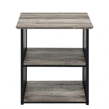 Elountik Industrial Nightstand with Metal Frame and Antique Oak Finish, 22 Inch Wide Bedside Table with Two Open Shelves for Bedroom Storage
