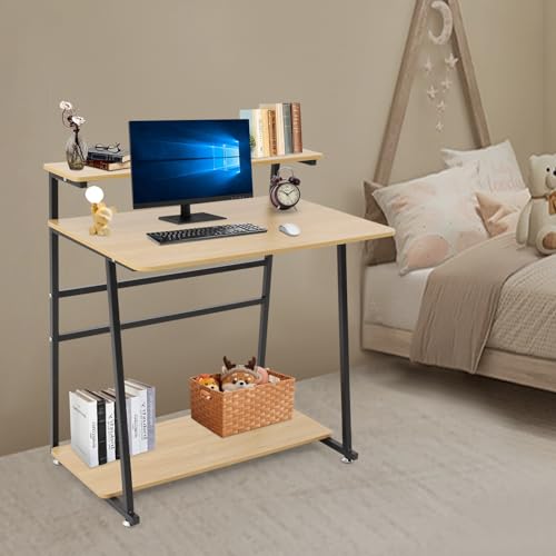 3 Tiers Rolling Computer Desk, 31.5 Inch Home Office Desk with 4 Wheels & 4 Foot Pads, Mobile Small Computer Desk, Student Study Table for Small Space Bedroom (Black+Log Color) - color: Black+log Color