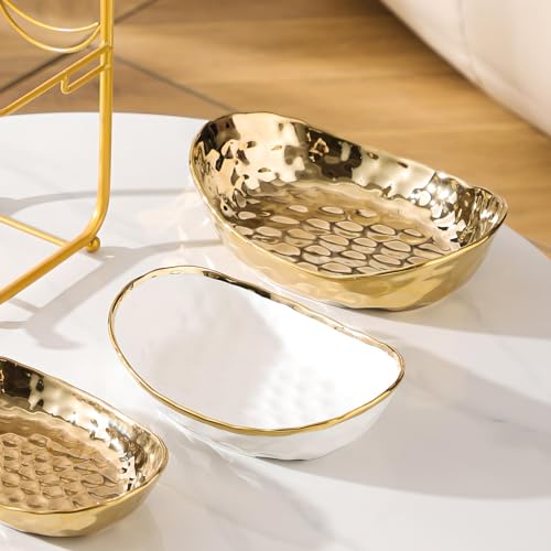YYW 3 Tier Fruit Bowl for Kitchen Counter, White Gold Silver Ceramic Fruit Stand for Countertop, Home Fruit Rack with Metal Holder, Vegetable Snacks Nuts Bread Candy Storage (Gold (Black Holder）) - color: Gold (Black Holder）