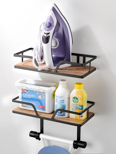 Ironing Board Holder Wall Mounted, 2-Layer Sturdy Iron and Ironing Board Hanger with Wood Shelf, Space Saving Laundry Room Organization for Iron, Board & Accessories - color: Matte Black-2 Layer