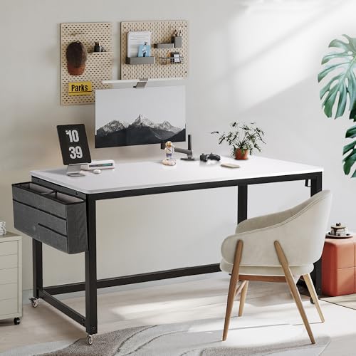 AHB 55" Rolling Computer Desk with 4 Smooth Wheels, Simple Style Mobile Writing Desk Home Office Study Table Movable Workstation with Metal Frame - color: White, size: 55"