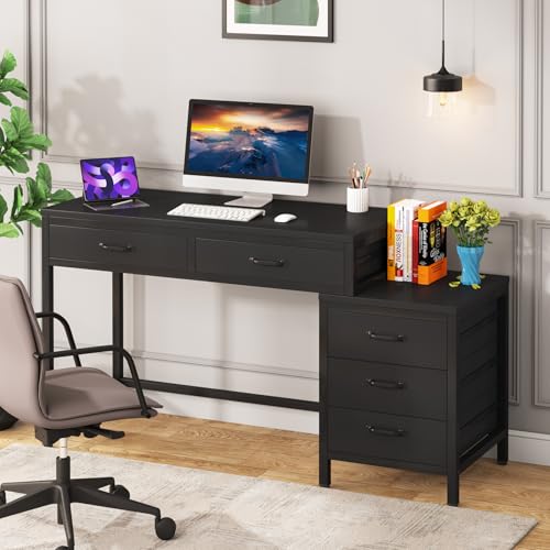 Tribesigns Computer Desk with 5 Drawers, Home Office Desks with Reversible Drawer Cabinet Printer Stand, Industrial PC Desk with Storage, Rustic Study Writing Table Workstation for Small Spaces, Black - color: Black