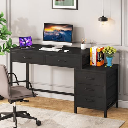 Tribesigns Computer Desk with 5 Drawers, Home Office Desks with Reversible Drawer Cabinet Printer Stand, Industrial PC Desk with Storage, Rustic Study Writing Table Workstation for Small Spaces, Black - color: Black