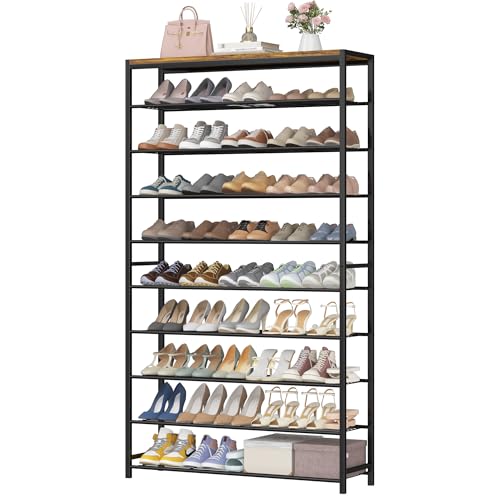 HOMEFORT 10 Tiers Shoe Rack Organizer,39.4" Shoe Storage Shelf for Closet, Shoe Rack for Entryway,Holds 45-50 Pairs of Shoe, Tall Shoe Stand with Metal Shelves and MDF Top Board,Rustic Brown - color: Rustic Brown, size: 10-Tier (11.8"D x 39.4"W x 70.47"H)