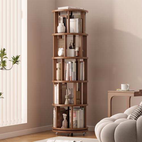 Solid Wood Rotating Bookshelf on Wheels, 5 Tier, Round Revolving Bookcase, 360° Spinning Book Shelf Tower for Kids, Narrow Rolling Bookshelves for Small Space, Corner, Bedroom, Office, Walnut - color: Walnut, size: 5 Tier