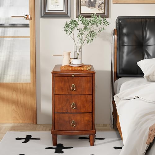 Solid Wood End Table with 3 Drawers and Slide-Out Coffee Tray | Cherry Red American Beside Table, Sofa Chair Side Table Nightstand for Living Room Bedroom, Rustic Wood Grain Accent Table - size: 22.6" Wood End Table