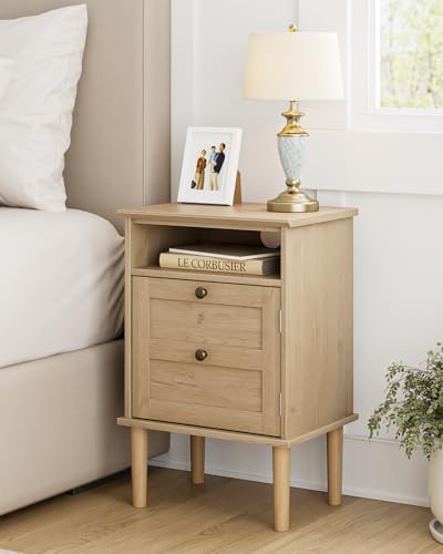 Small Night Stand Farmhouse Nightstand Boho Bedside Table Modern Nightstand with 1 Drawer and 1 Open Storage Space, End Table, Storage Canbinet for Bedroom, Natural