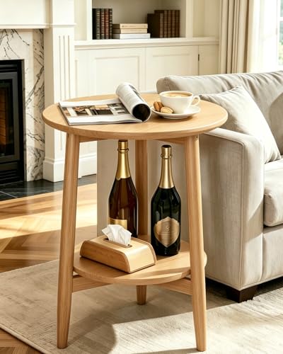 Round End Table,Solid Wood Small Round Table with Lower Shelf,Round Side Table，Nightstand for Small Spaces,Living Room,Bedroom(Natural) - color: Natural