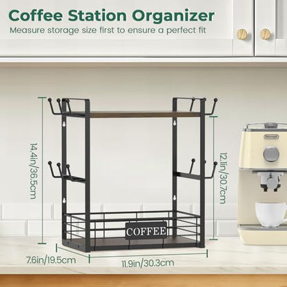 EsLuker.ly Coffee Mug Cup Holder Tree Bar Station Organizer, 2 Tier Mug Stand Rack for Countertop Kitchen, Storage Tower Display Shelf with 12 Hooks, Coffee Nook Enhancer, Brown-Black - color: Brown + Black