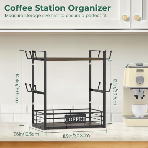 EsLuker.ly Coffee Mug Cup Holder Tree Bar Station Organizer, 2 Tier Mug Stand Rack for Countertop Kitchen, Storage Tower Display Shelf with 12 Hooks, Coffee Nook Enhancer, Brown-Black - color: Brown + Black
