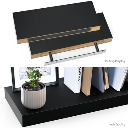 Ballucci Floating Shelves, 2-Pack 16" Wood Wall Shelf Set with Invisible Brackets for Bathroom, Living Room, Bedroom, Kitchen, Nursery, 6" Deep, Black - color: Black, size: 15.8 in (1.5)