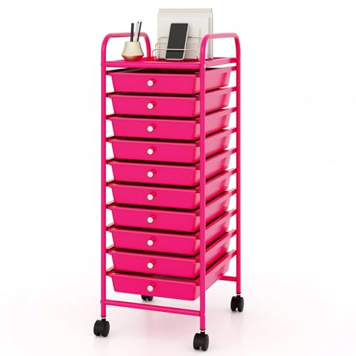 DREAMADE Rolling Cart with Storage Drawers, Utility Cart w/Removable Plastic Drawers, Lockable Wheels, Art Cart for Classroom Organization Art Supplies Office Scrapbook (10 Drawers, Hot Pink) - color: Hot Pink, style: 10 Drawers