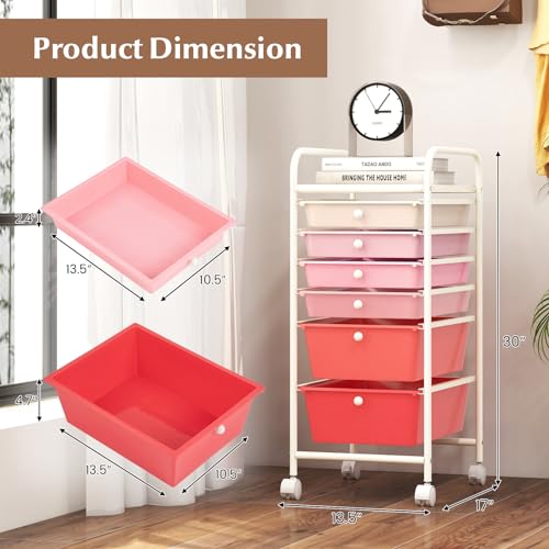 DREAMADE Rolling Cart with Storage Drawers, Utility Cart with Removable Plastic Drawers, Lockable Wheels, Art Cart for Classroom Organization Art Supplies Office Scrapbook (6 Drawers, Mixed-pink) - color: Mixed-pink, style: 6 Drawers
