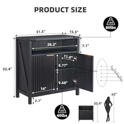 BuildHom 32 Inch Fluted Sideboard Buffet Cabinet with Storage Black Oak | Coffee Bar Cabinet with Open Shelf and 5-Level Adjustable Shelves, Farmhouse Storage Cabinet for Kitchen and Dining Room - color: Black Oak