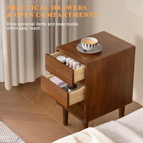 Narrow Nightstand 2 Drawers with Open Shelf Narrow Night Stand Solid Wood Bedside Table Mid Century Modern Nightstand Wooden End Table for Bedroom, Study, Office - color: Walnut-2d, size: 15.75''×11.8''×23.62''