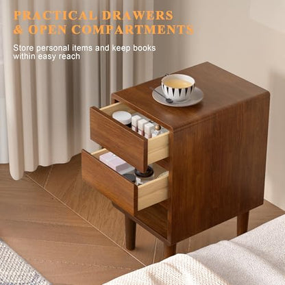 Narrow Nightstand 2 Drawers with Open Shelf Narrow Night Stand Solid Wood Bedside Table Mid Century Modern Nightstand Wooden End Table for Bedroom, Study, Office - color: Walnut-2d, size: 15.75''×11.8''×23.62''