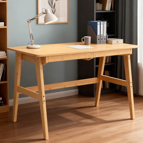 Nnewvante Writing Computer Desk 46" Bamboo Home Office Table with 2 Drawers, Modern Furniture Simple Study Makeup Workstation - size: 46''-Bamboo
