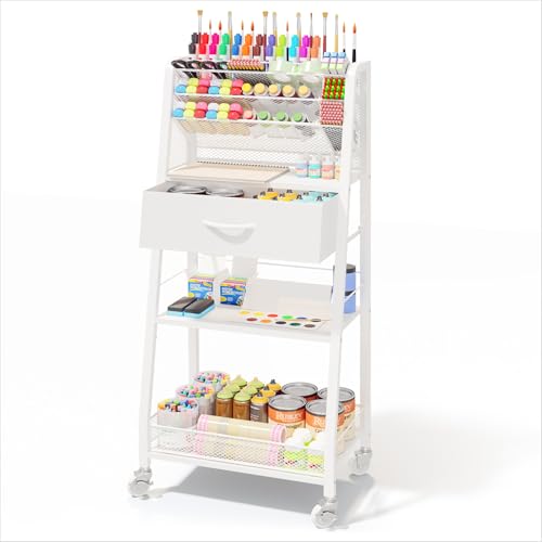 3 Tier Rolling Cart - Metal Utility Cart with Storage Drawer and Wheels, Versatile Art & Craft Organizer for Home, Office, or Studio - Ideal for Storing Brushes, Paints, and Supplies（White） - color: White