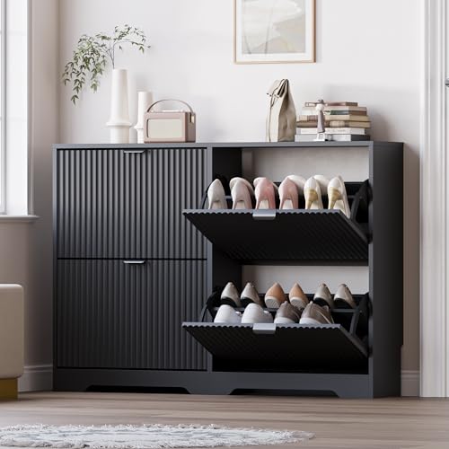 BORNOON Large Shoe Cabinet for Entryway, Shoe Rack Cabinet with 4 Flip Drawer and Adjustable Shelves for Small Apartment, Foyer - color: Black, size: 4-Drawer