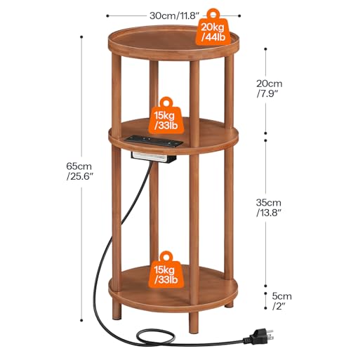 HOOBRO Set of 2 Small Round Side Tables with Charging Station, 3-Tier Round Bamboo End Tables, Easy Assembly, for Living Room, Bedroom, Apartment, Walnut WL152UBZP201 - color: Walnut