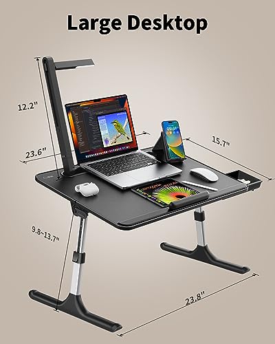 Laptop Table with LED Desk Light, SAIJI Laptop Stand for Bed, Height Adjustments Bed Desk with Book Stand for Reading Writing Drawing (Black) - color: Bed Desk /Led Light