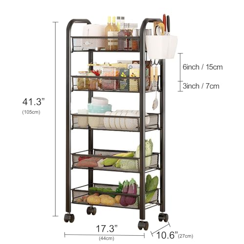Rolling Pantry Storage Cart with Fruit Basket, 5-Tier Kitchen Storage Rolling Cart on Wheels, Large Utility Cart with Handle & Mesh Baskets for Kitchen, Bathroom, Laundry Room,Black - color: Black 5 Tire