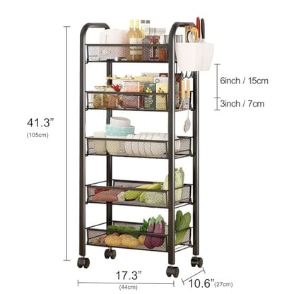 Rolling Pantry Storage Cart with Fruit Basket, 5-Tier Kitchen Storage Rolling Cart on Wheels, Large Utility Cart with Handle & Mesh Baskets for Kitchen, Bathroom, Laundry Room,Black - color: Black 5 Tire