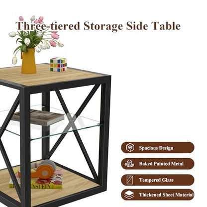 Bellemave 1 piece Side Table for Bedroom & Living Room, Modern End Table with 3-Tier Storage Shelve, Tempered Glass & Wood MDF, X-Frame Metal Support, Nightstand for Small Spaces, Natural - style: with glass