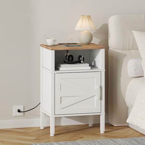 Nightstand with Charging Station, Side Table with USB A & C Ports and AC Outlets, End Table with Storage Cabinet and Reversible Door for Bedroom, Living Room, Small Spaces,Warm Earthy Brown & White - color: Rustic Brown & White
