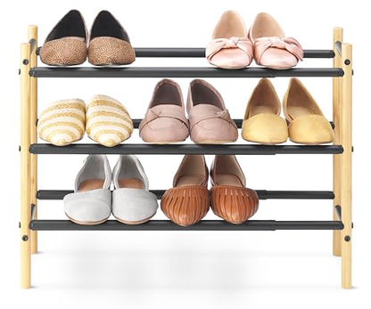 Whitmor 3-Tier Expandable Shoe Rack - Store up to 12 pairs of shoes - Bamboo & Matte Black - color: 3-tier,bamboo & Matte Black
