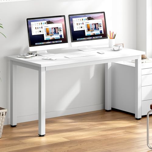 DlandHome 54.3 inch Large Computer Desk for Bedroom, White | Decent Steady Home Office Desk, Writing Study Craft Work Table, Sturdy Metal Frame, Adjustable Feet, Modern Simple Design - color: White + White, size: 54.3 inch
