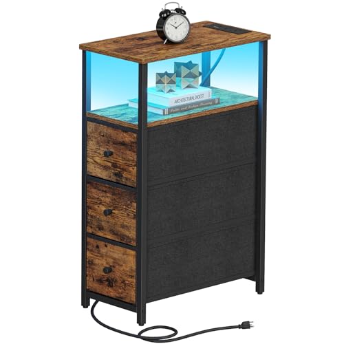TUTOTAK Narrow LED Night Stand with Charging Station, Slim End Table | Tall Side Table with 3 Fabric Drawer, Small Bedside Table with Storage, for Living Room, Brown TB01BB086L - color: Brown, size: 1 Pack (3 Drawers), style: Plug & LED