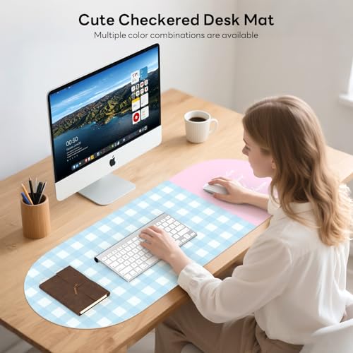 Checkered Pattern Desk Pad Protector, 35.5 x 13'' Aesthetic Mouse Mat for Desktop, Waterproof PU Leathe Non-Slip Desk Writing Pad for Office and Home, Blue and Pink - color: Blue and Pink