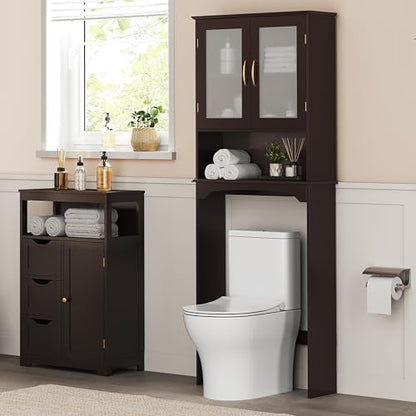 Yaheetech Over The Toilet Storage Cabinet, Free Standing Toilet Rack with Adjustable Shelves and Tempered Glass Doors for Bathroom Washroom, Espresso - color: Espresso